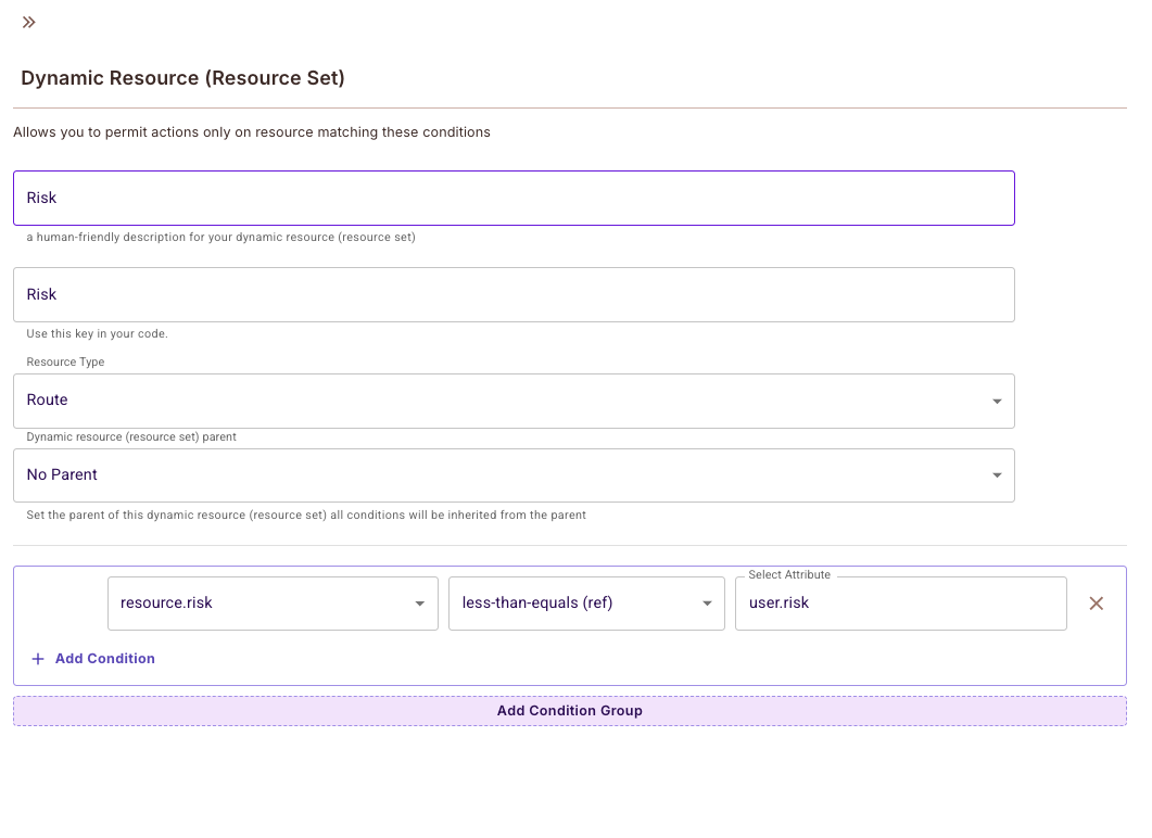 Dynamic Resource (Resource Set) form named Risk for the Route resource type, with the condition resource.risk less-than-equals (ref) user.risk
