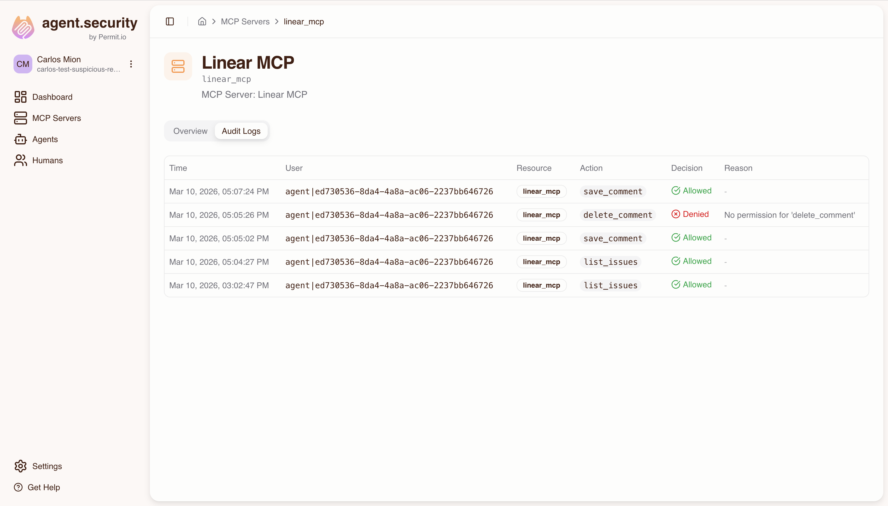 Audit Logs tab on an MCP server detail page listing tool calls to that server