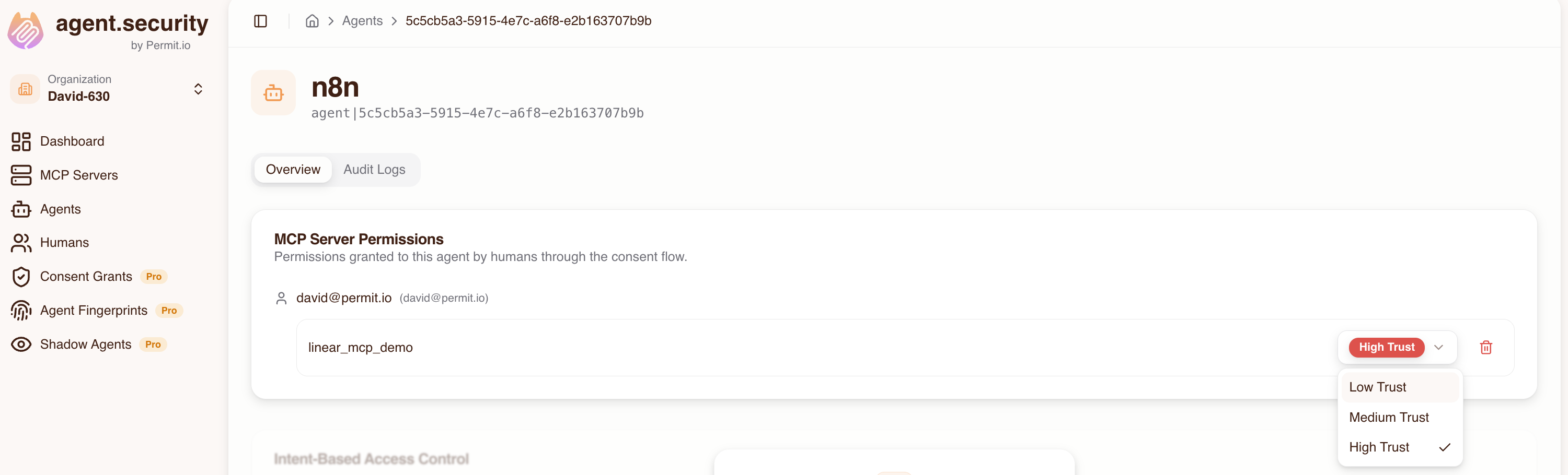 Trust dropdown on the Linear server row with Low Trust, Medium Trust, and High Trust options