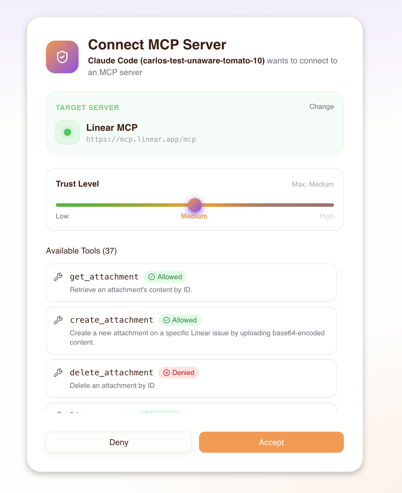 Consent flow trust level slider with allowed and denied tools