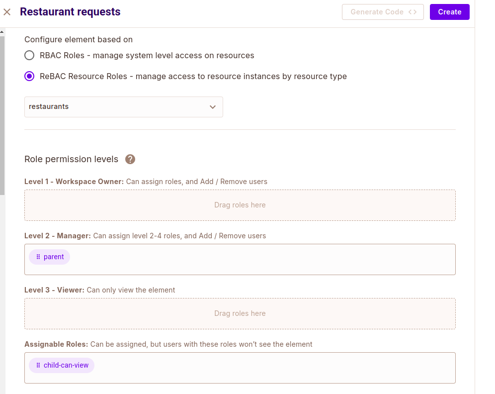 User Management element form for Restaurant Requests, based on ReBAC resource roles of restaurants, with parent at level 1 and child-can-view assignable