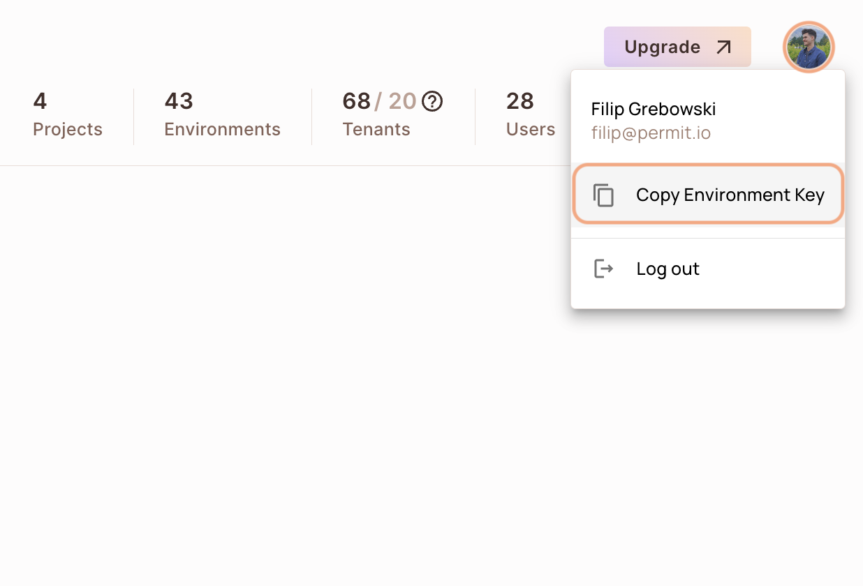 User menu open with Copy Environment Key highlighted