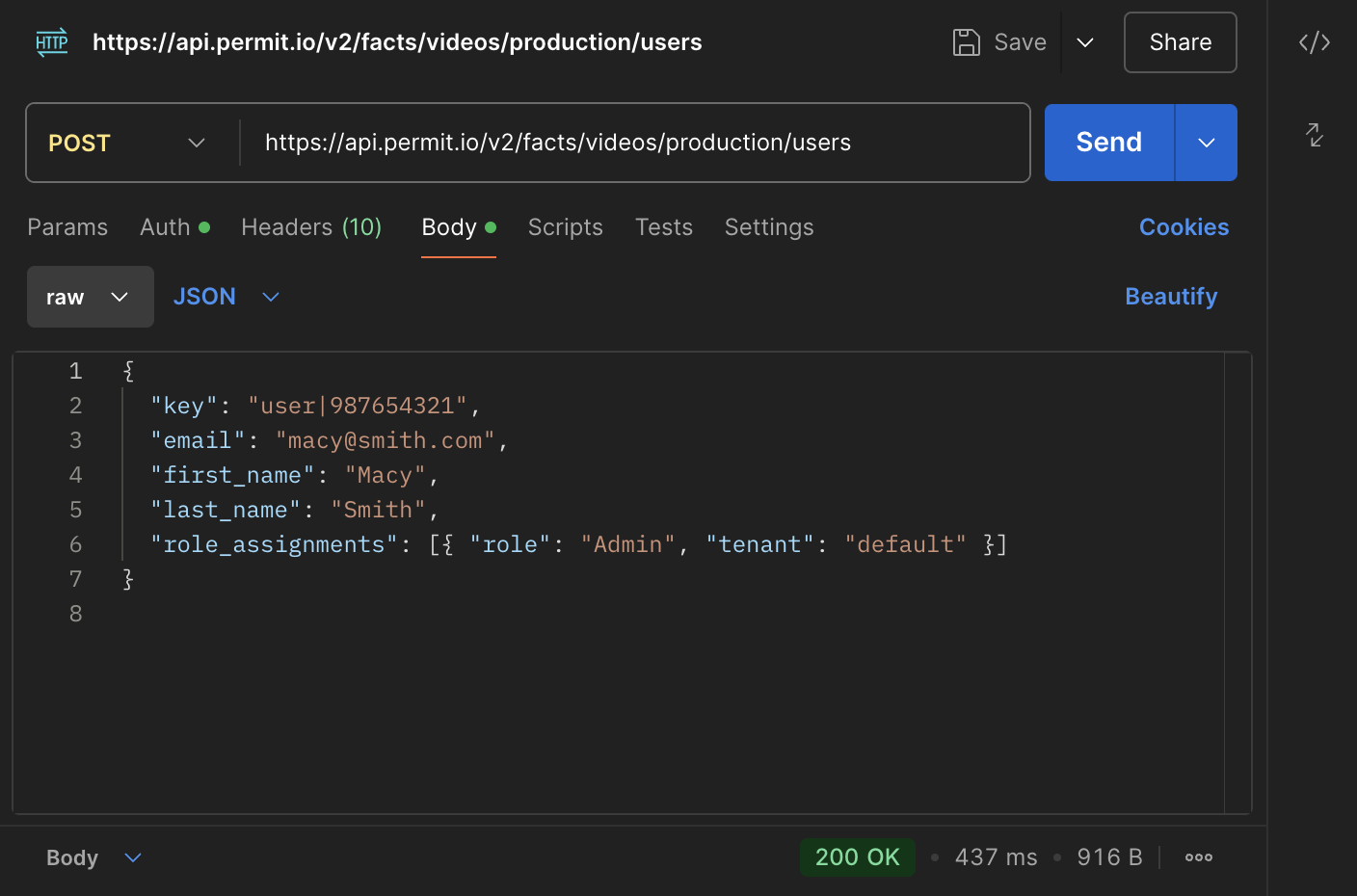 Postman POST request to the Permit users endpoint with a role_assignments field, returning 200 OK