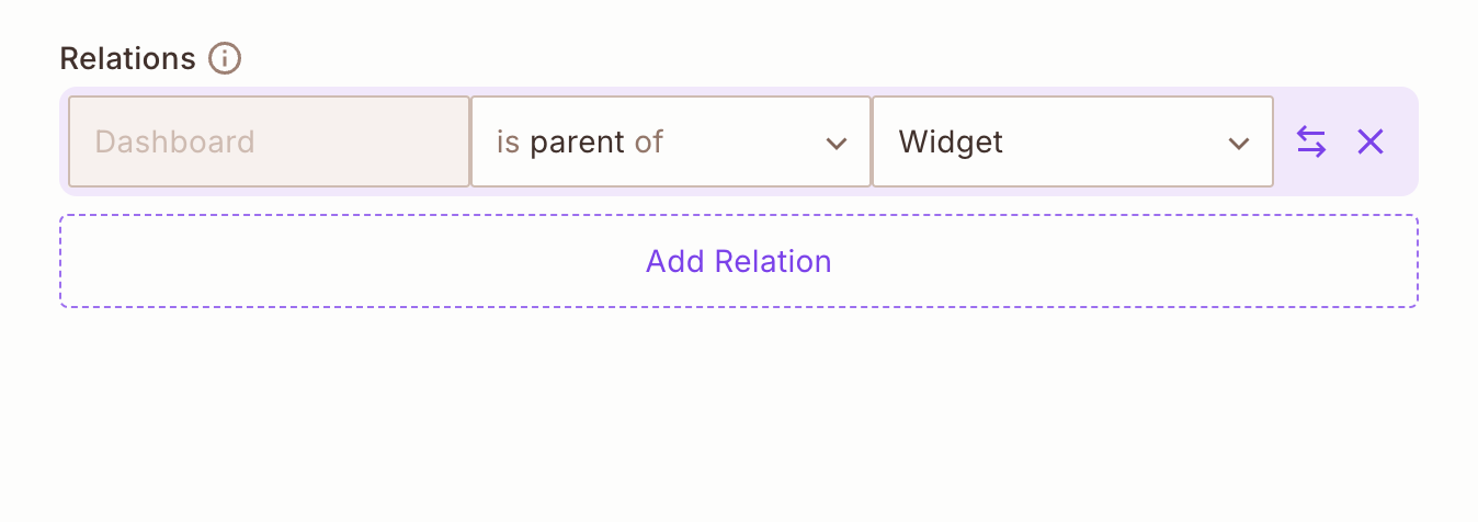 Relations section of the resource editor with the relation Dashboard is parent of Widget