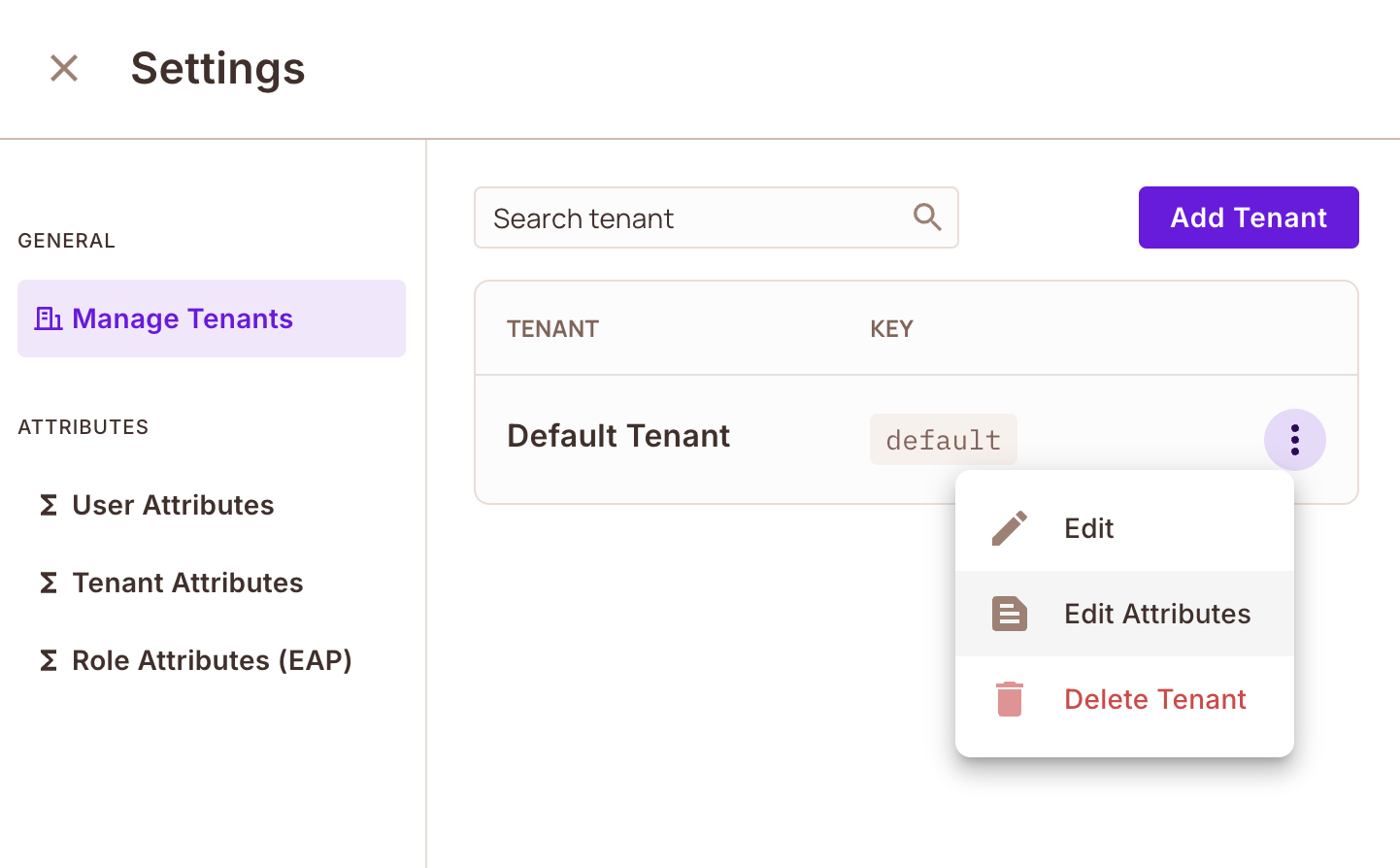 Manage Tenants screen in the Permit dashboard with the Edit Attributes option for a tenant